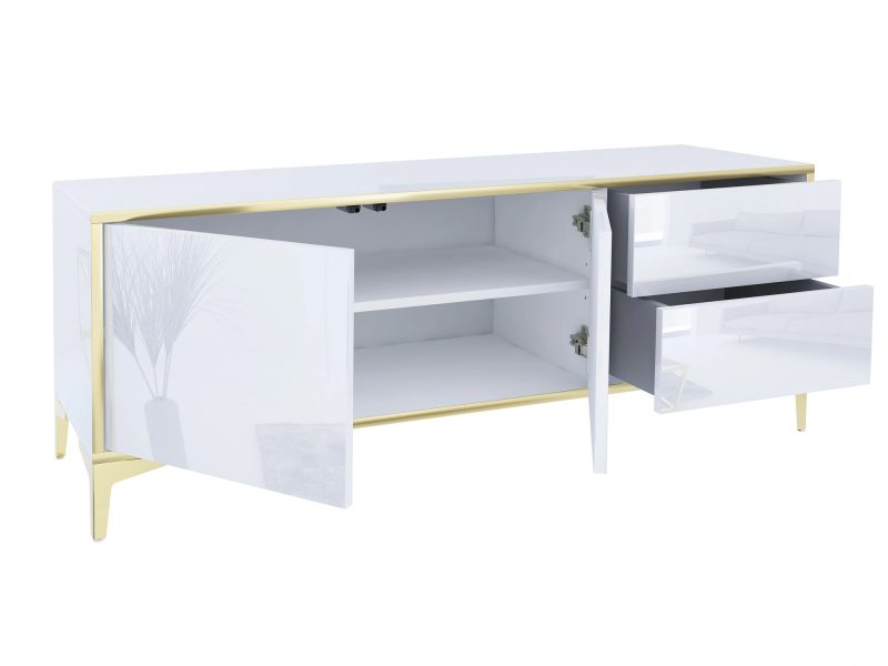 Geöffnete Türen und Schubladen des TV-Lowboards Monako, Innenraumdetails erkennbar