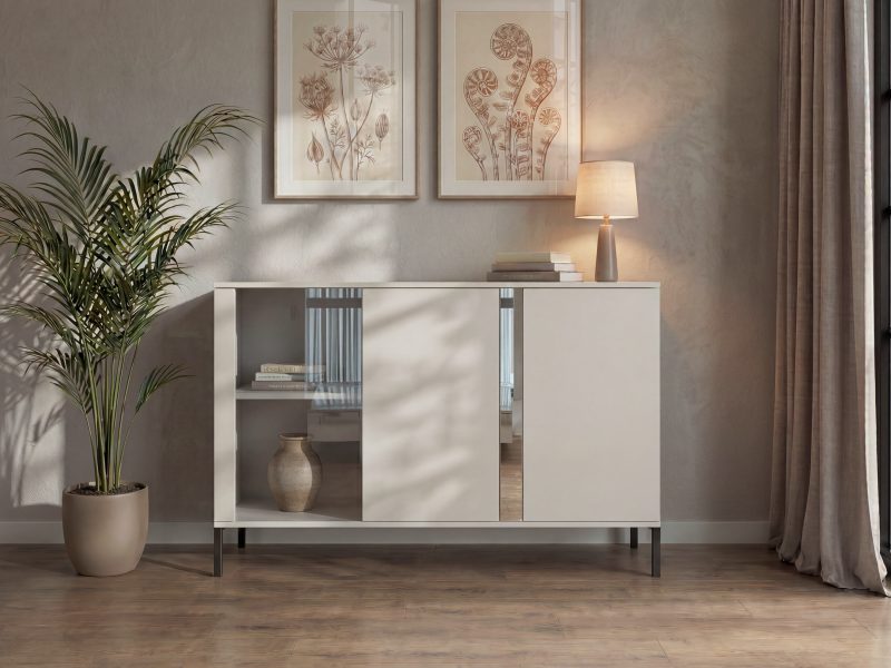 Kommode Galizia 128cm Kaschmir Matt auf schwarzen Beinen mit Vitrine und Spiegeleinsatz