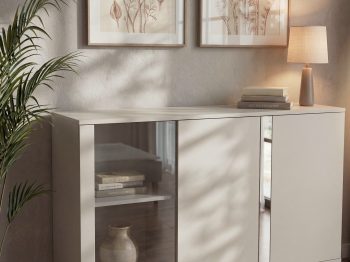 Kommode Galizia 128cm Kaschmir Matt auf schwarzen Beinen mit Vitrine und Spiegeleinsatz