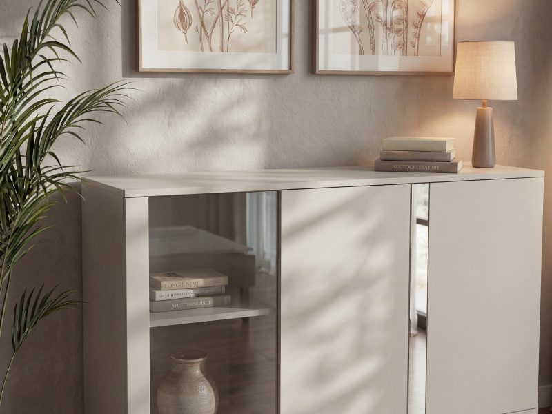 Kommode Galizia 128cm Kaschmir Matt auf schwarzen Beinen mit Vitrine und Spiegeleinsatz