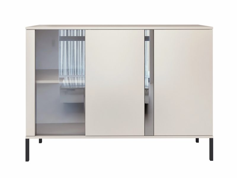 Kommode Galizia 128cm Kaschmir Matt auf schwarzen Beinen mit Vitrine und Spiegeleinsatz