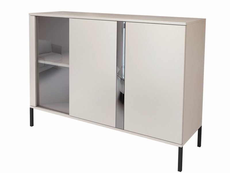 Kommode Galizia 128cm Kaschmir Matt auf schwarzen Beinen mit Vitrine und Spiegeleinsatz
