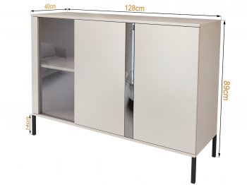 Kommode Galizia 128cm Kaschmir Matt auf schwarzen Beinen mit Vitrine und Spiegeleinsatz