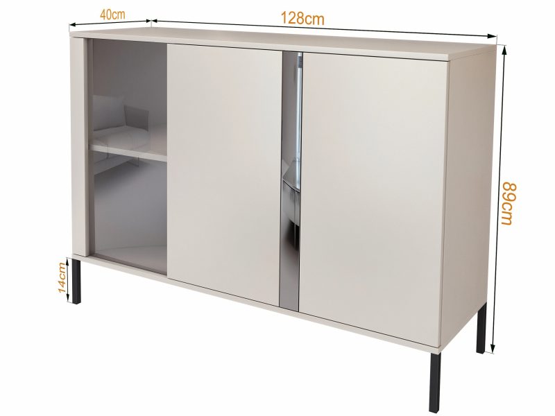 Kommode Galizia 128cm Kaschmir Matt auf schwarzen Beinen mit Vitrine und Spiegeleinsatz