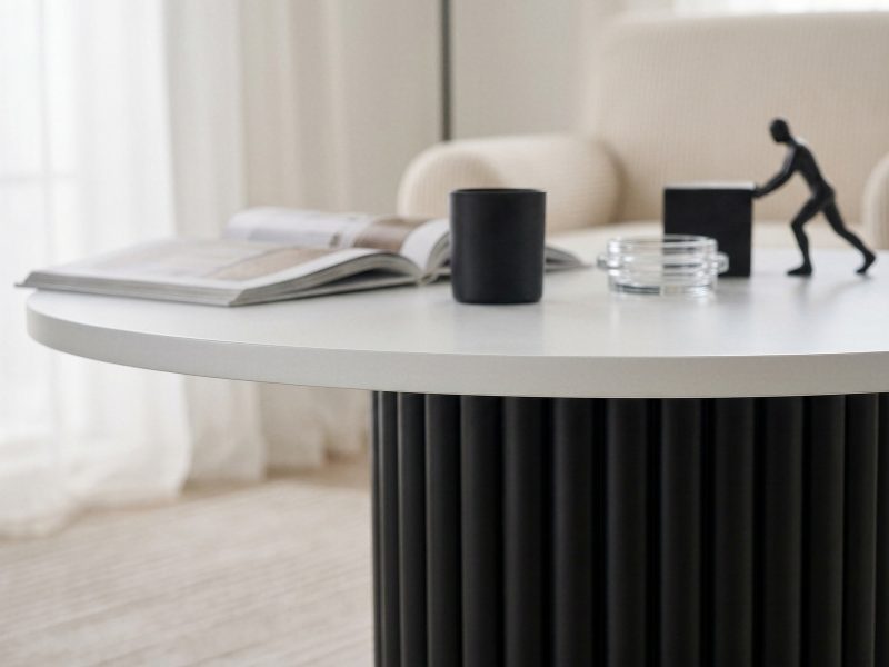 Couchtisch Milo 67cm Rund Weiß Matt mit geriffelter Basis in Schwarz