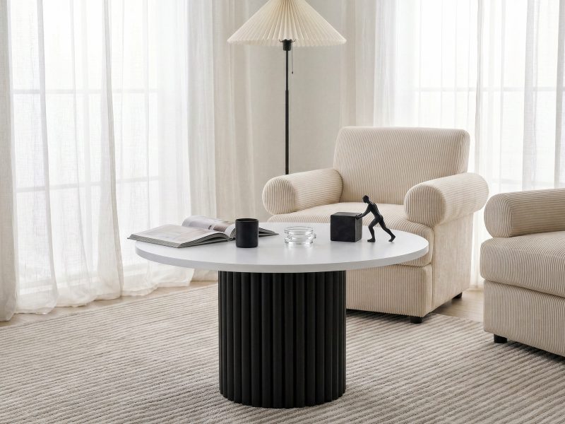 Couchtisch Milo 67cm Rund Weiß Matt mit geriffelter Basis in Schwarz