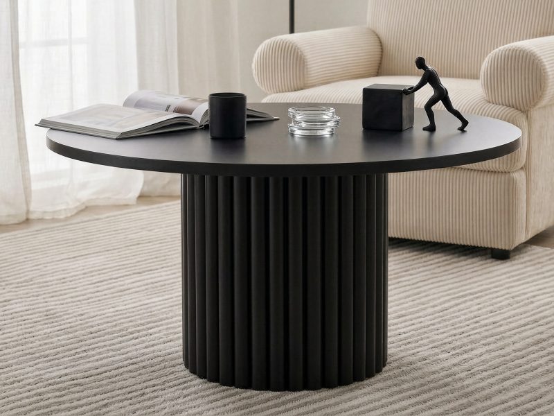 Couchtisch Milo 67cm Rund Schwarz Matt mit geriffelter Basis