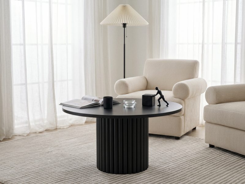Couchtisch Milo 67cm Rund Schwarz Matt mit geriffelter Basis