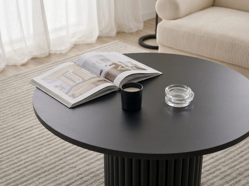 Couchtisch Milo 67cm Rund Schwarz Matt mit geriffelter Basis