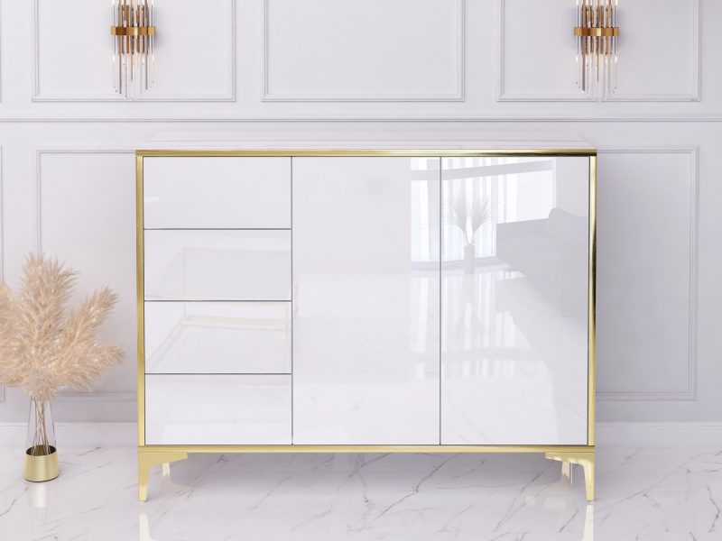 Kommode Monako 118cm in Weiß Hochglanz mit goldenen Akzenten im modernen Wohnraum