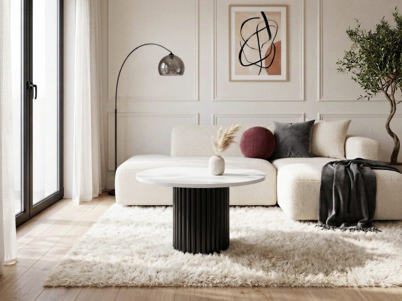Couchtisch Milo 67cm Rund Kaschmir Matt mit geriffelter Basis in Schwarz