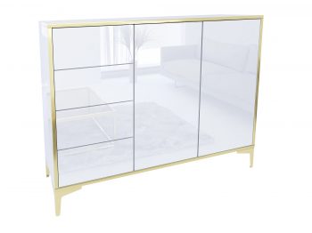 Perspektivische Ansicht der Kommode Monako mit weißer Hochglanzfront und goldenen Details