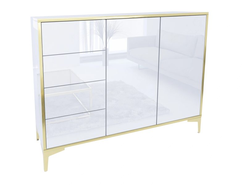 Perspektivische Ansicht der Kommode Monako mit weißer Hochglanzfront und goldenen Details