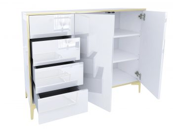 Geöffnete Türen und vier Schubladen der Kommode Monako mit Stauraum und Einlegeböden sichtbar