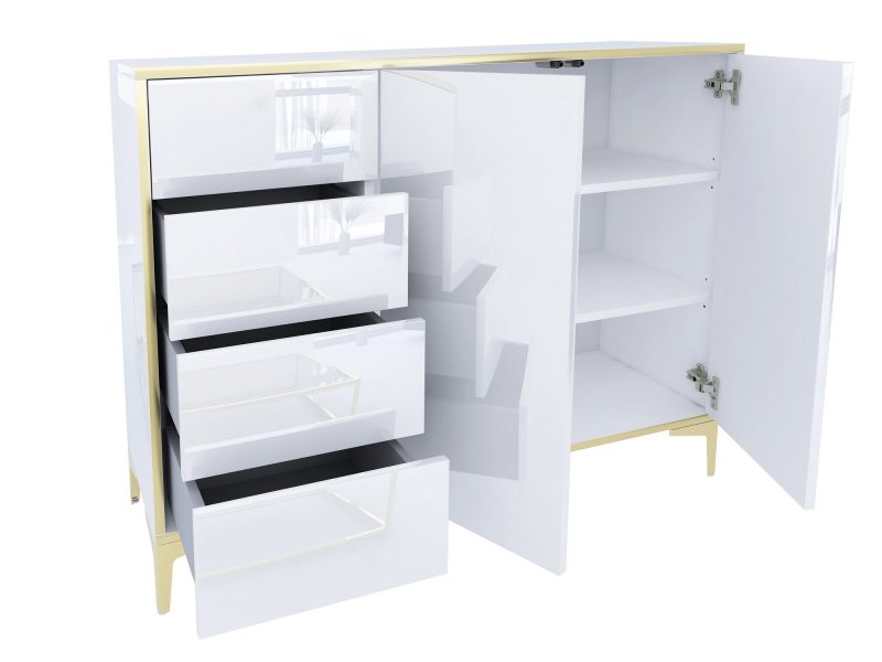 Geöffnete Türen und vier Schubladen der Kommode Monako mit Stauraum und Einlegeböden sichtbar