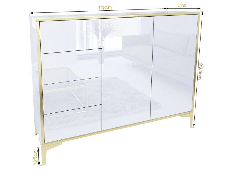 Kommode Monako mit Maßangaben: 118 cm breit, 93,5 cm hoch, 40 cm tief – perspektivisch dargestellt