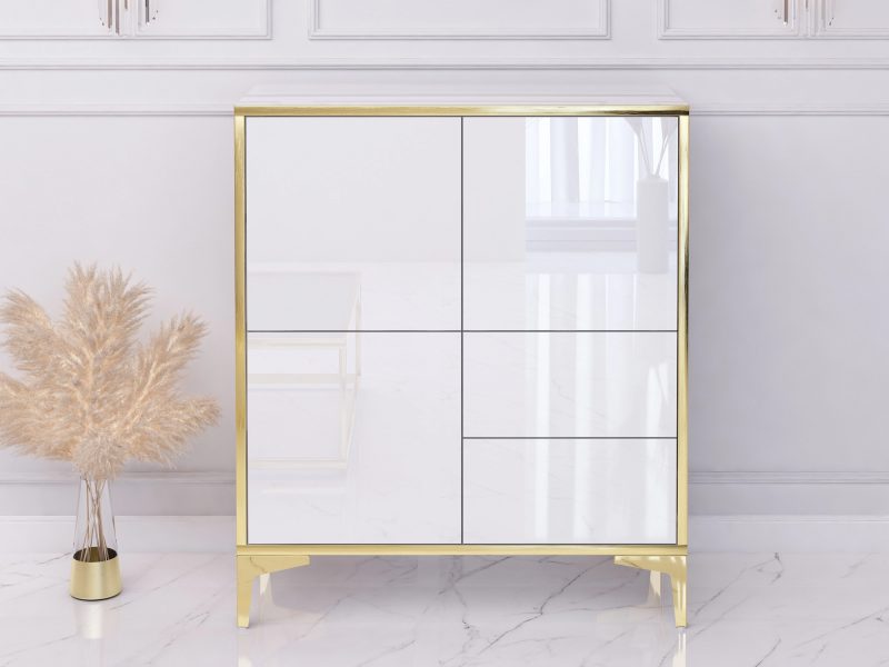 Kommode Monako 80cm in Weiß Hochglanz mit goldenen Akzenten im modernen Interieur