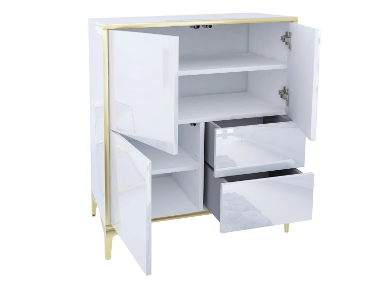 Geöffnete Türen und Schubladen der Kommode Monako zeigen zwei Einlegeböden im Innenraum