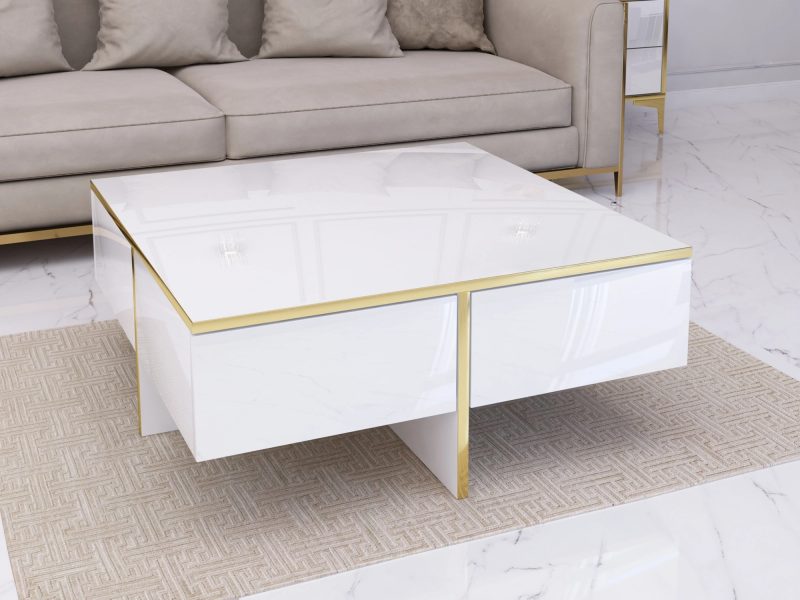 Couchtisch Monako 80x80cm in Weiß Hochglanz mit goldenen Akzenten in glamourösem Wohnzimmer