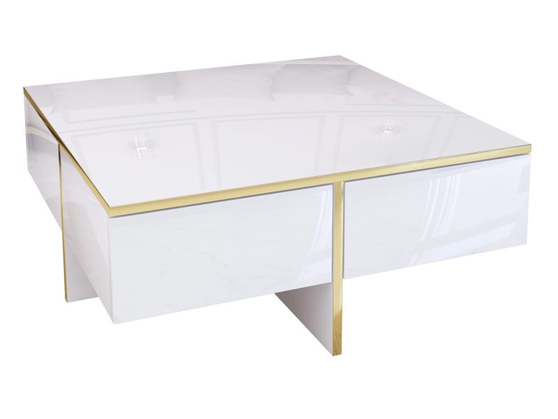 Produktfoto vom Couchtisch Monako in Weiß Hochglanz mit goldenen Details, frontal fotografiert
