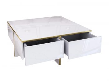 Couchtisch Monako mit geöffneten Schubladen, Weiß Hochglanz mit goldenen Akzenten