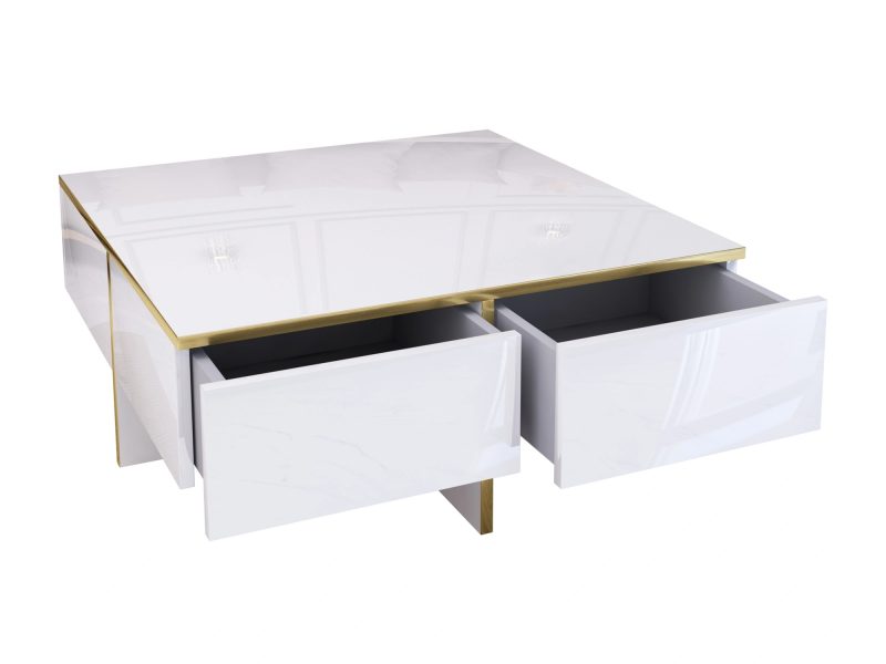 Couchtisch Monako mit geöffneten Schubladen, Weiß Hochglanz mit goldenen Akzenten
