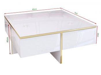 Maße des Couchtischs Monako: 80x80x40cm – Weiß Hochglanz mit goldenen Details, frontal dargestellt