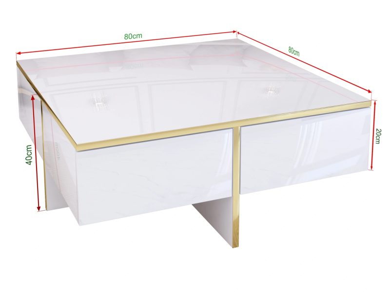 Maße des Couchtischs Monako: 80x80x40cm – Weiß Hochglanz mit goldenen Details, frontal dargestellt