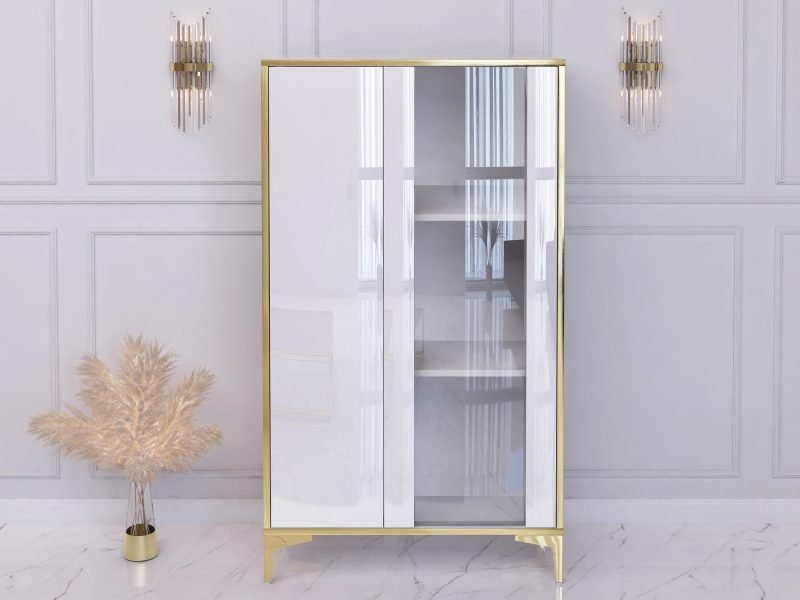 Vitrine Monako 80cm in Weiß Hochglanz mit goldenen Akzenten im eleganten Wohnzimmer