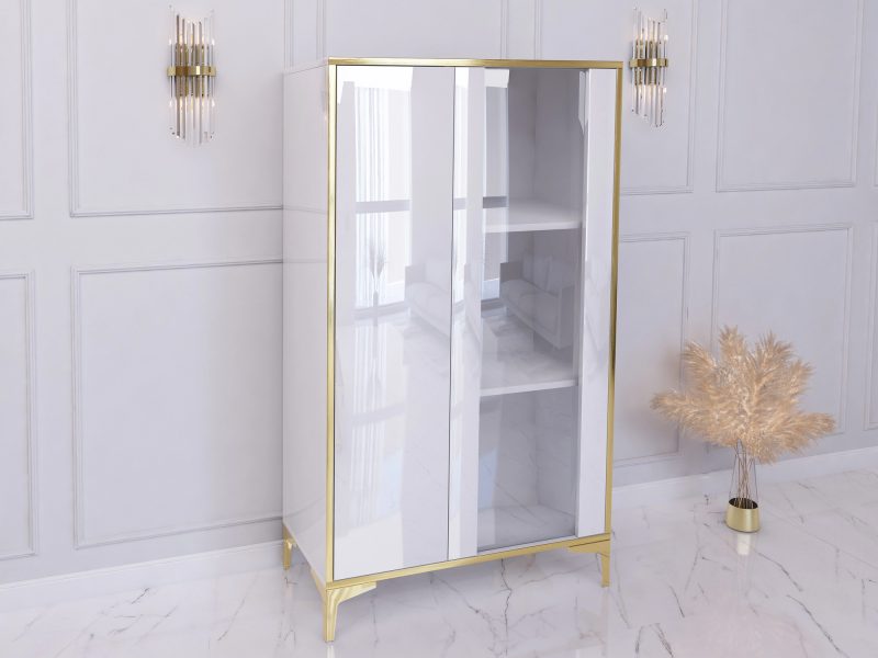 Seitenansicht der Vitrine Monako mit glänzender Oberfläche und goldenen Details