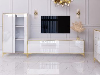 Vitrine Monako kombiniert mit TV-Lowboard im glamourösen Wohnzimmer