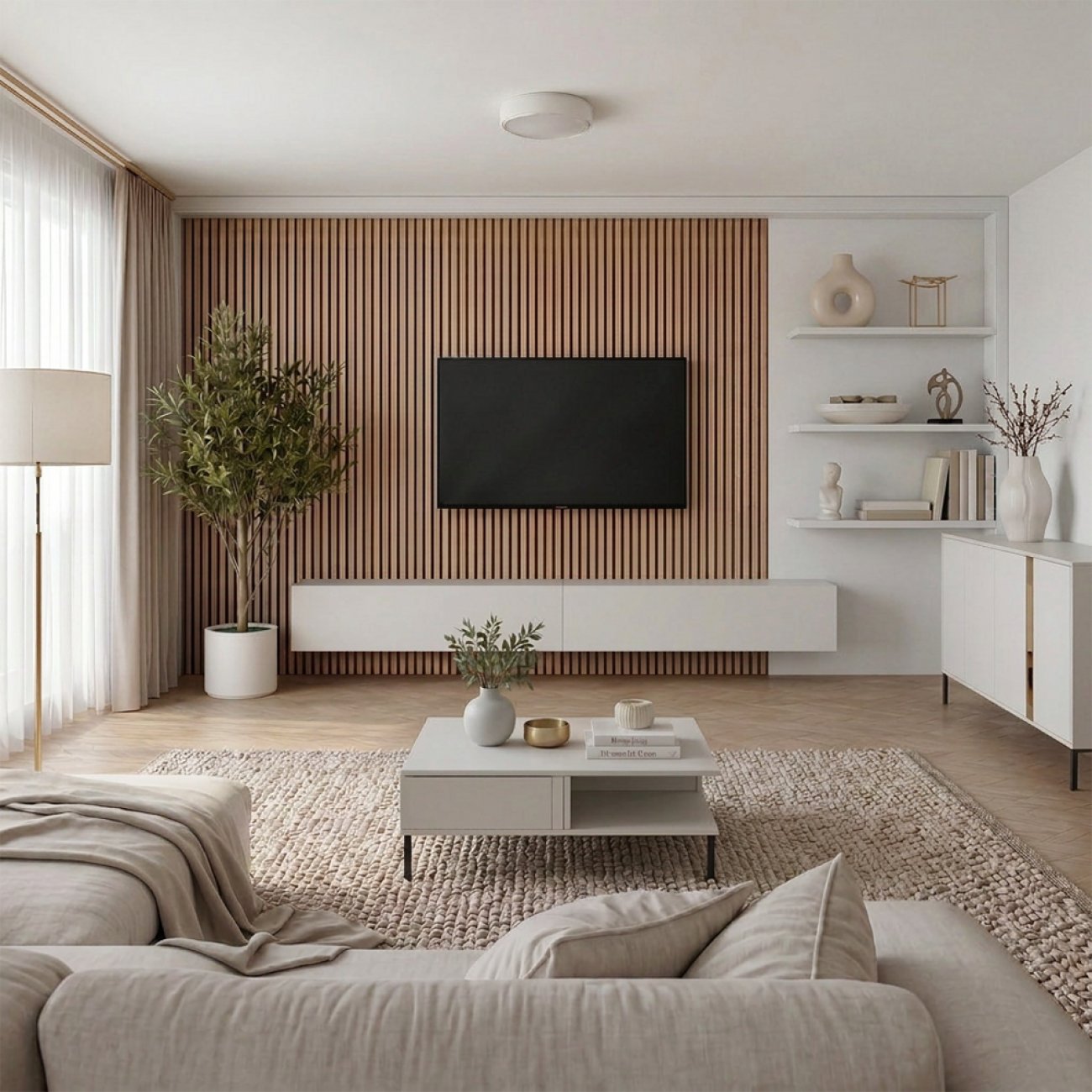 Wohnzimmer in Kaschmir – Möbel & Lamellen-Wandpaneele im perfekten Zusammenspiel