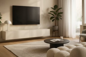 Elegantes, minimalistisches Wohnzimmer in warmen Naturtönen