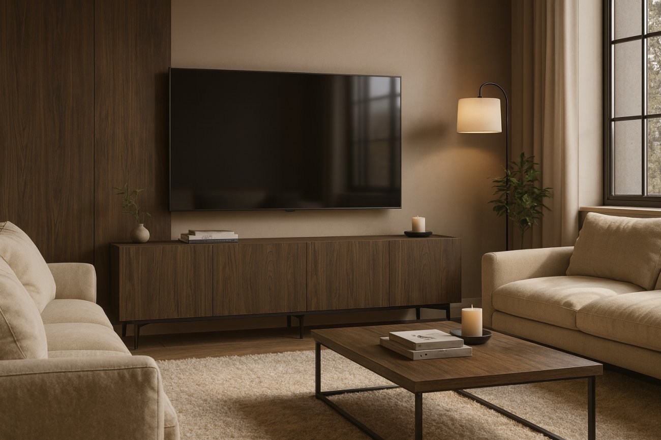 Wohnzimmer im dunklen Holzdesign – warm & modern