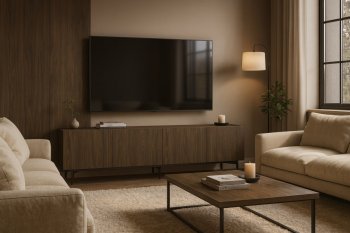 Wohnzimmer im dunklen Holzdesign – warm & modern