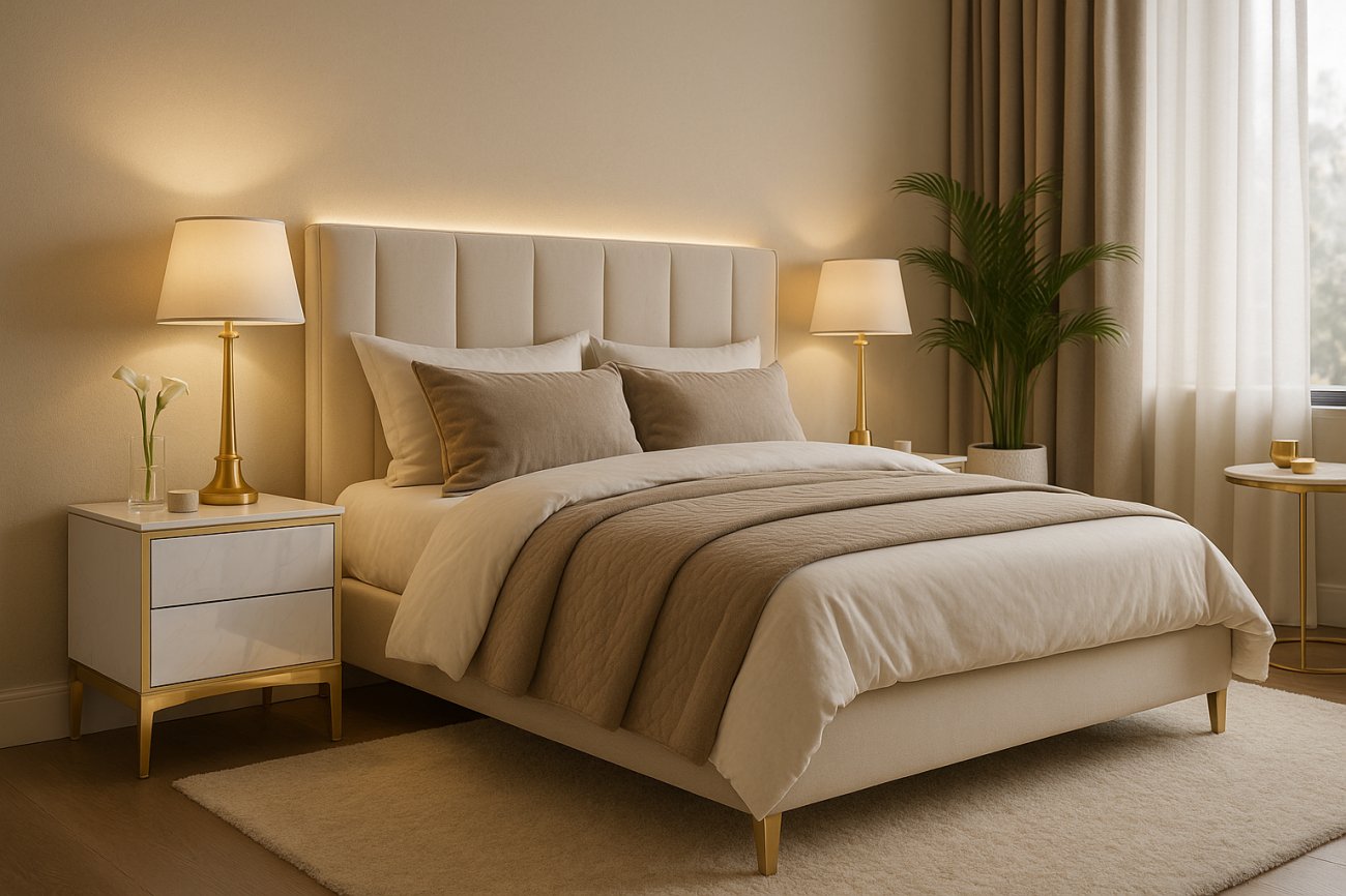 Sanftes Schlafzimmer in Beige mit goldenen Details